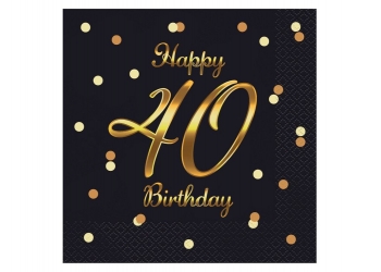Serwetki urodzinowe "HAPPY 40 BIRTHDAY" - czarne